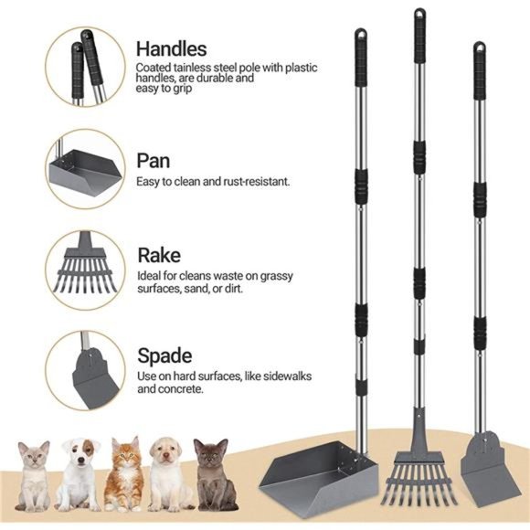 Dog Pooper Scooper, Dog Poop Tray and Rake Set with Long Stainless Handles - Picture 3 of 7